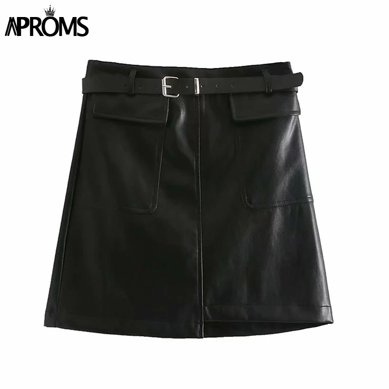 Aproms, Элегантные зеленые шорты трапециевидной формы из искусственной кожи, юбки для женщин, высокая талия, пояс, большие карманы, юбка-корт, офисные женские шикарные плавки