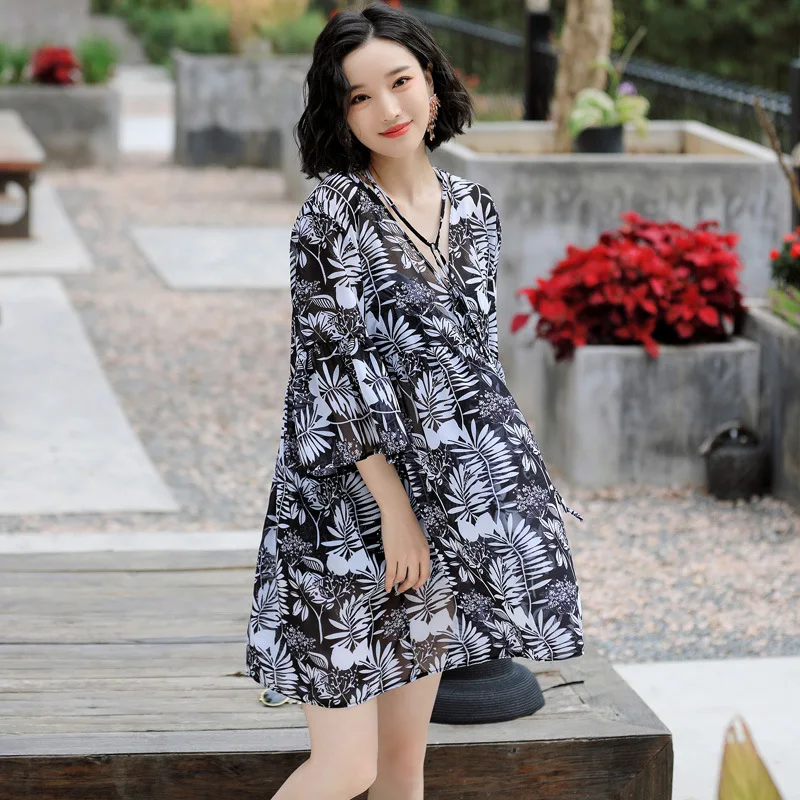 

New Style Large Size Three-piece Set Swimwear Korean-style Chiffon Blouse Conservative Loose-Fit Bathing Suit Push up Slimming F