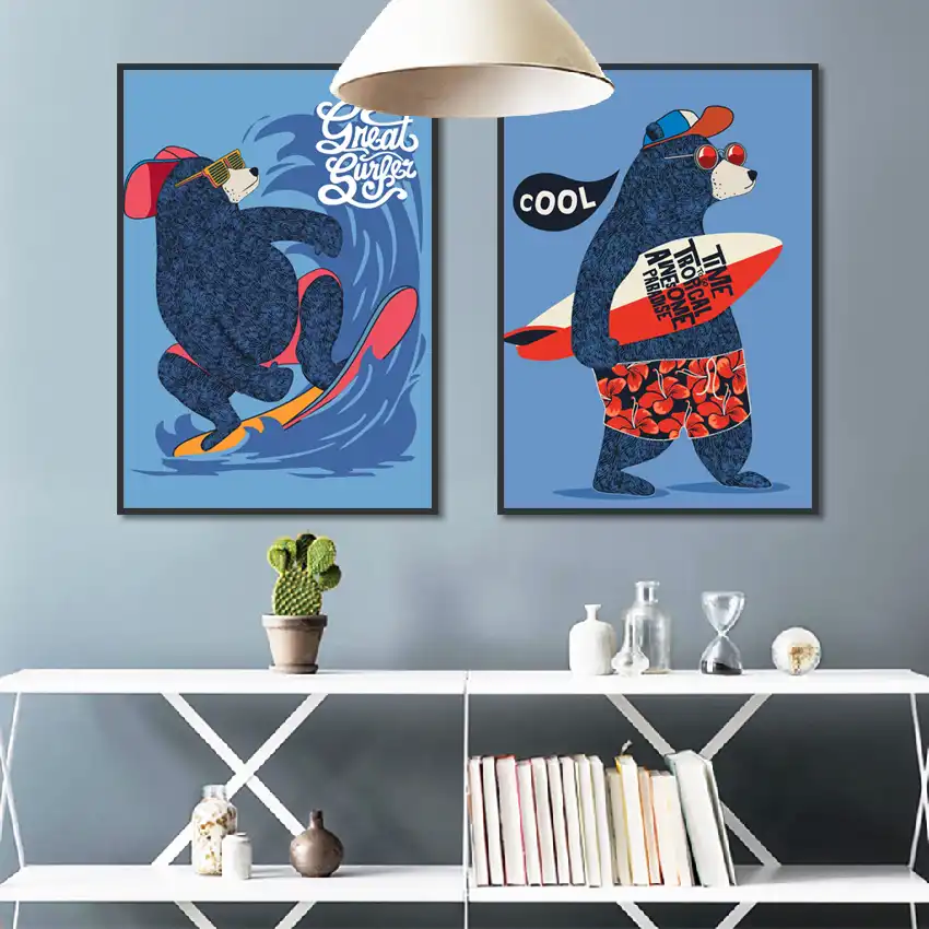 Nordico Bonito Dos Desenhos Animados Urso Animal De Surf Prancha De Cartazes E Copias Do Bercario Do Bebe Decoracao Do Quarto Pintura Da Lona Retrato Da Parede Dos Miudos Pintura E Caligrafia