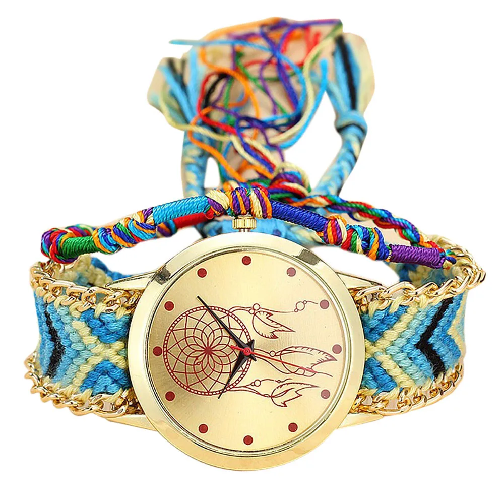 

Retro Bracelet Watch Handmade Ladies Vintage Quartz Watch Friendship Watches Woven Dream Catcher Colorful Round Ladies Watches