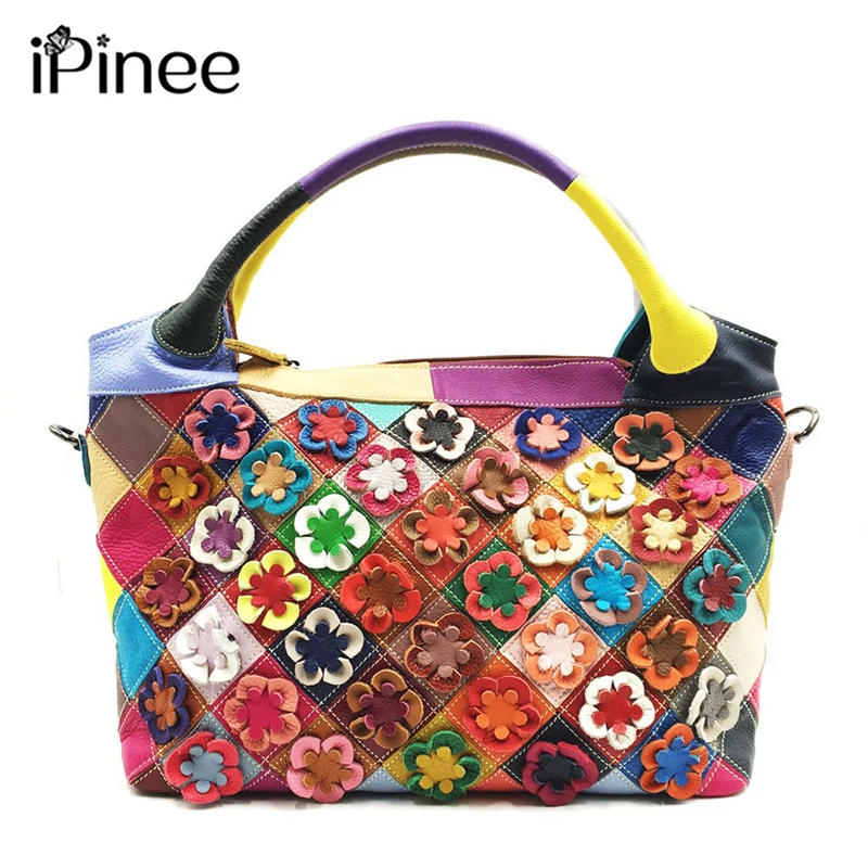 

iPinee Women's Flowers Bags Patchwork Top-handle Bags women's bag genuine leather handbags designer shoulder bags female