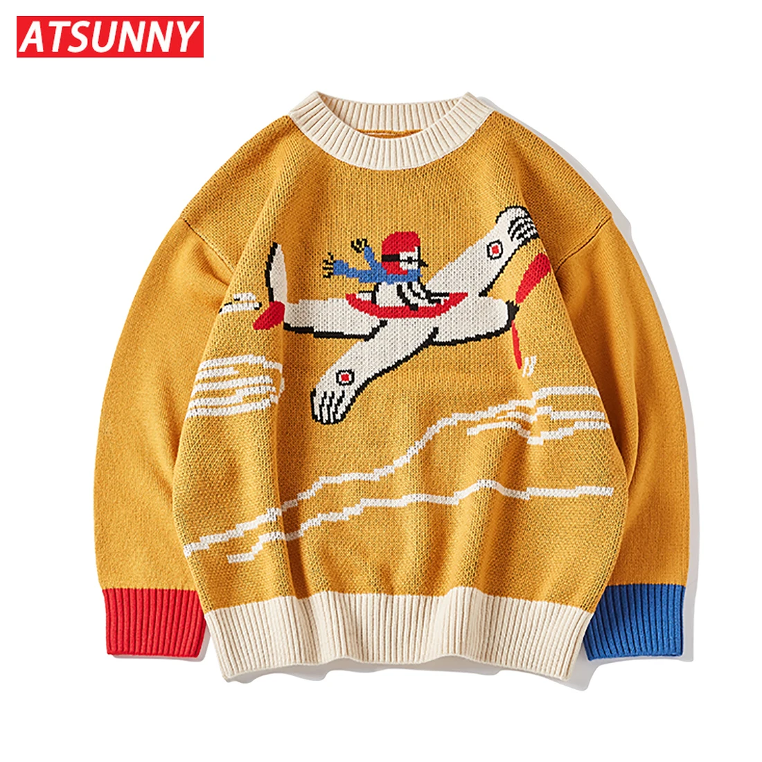 Tanio ATSUNNY samolot kreskówka sweter z dzianiny Retro