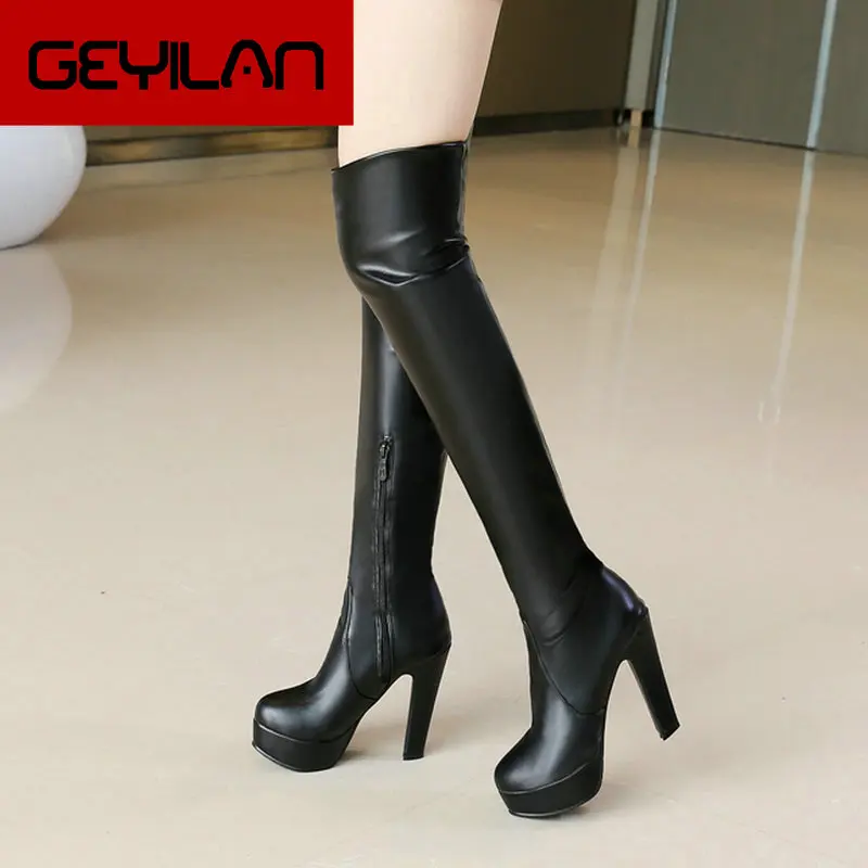 

Women Platfomr Over The Knee Boots Stretch Pu Leather Sqaure High Heels Thigh Boots Zipper Boots Autumn Winter Shoes Black
