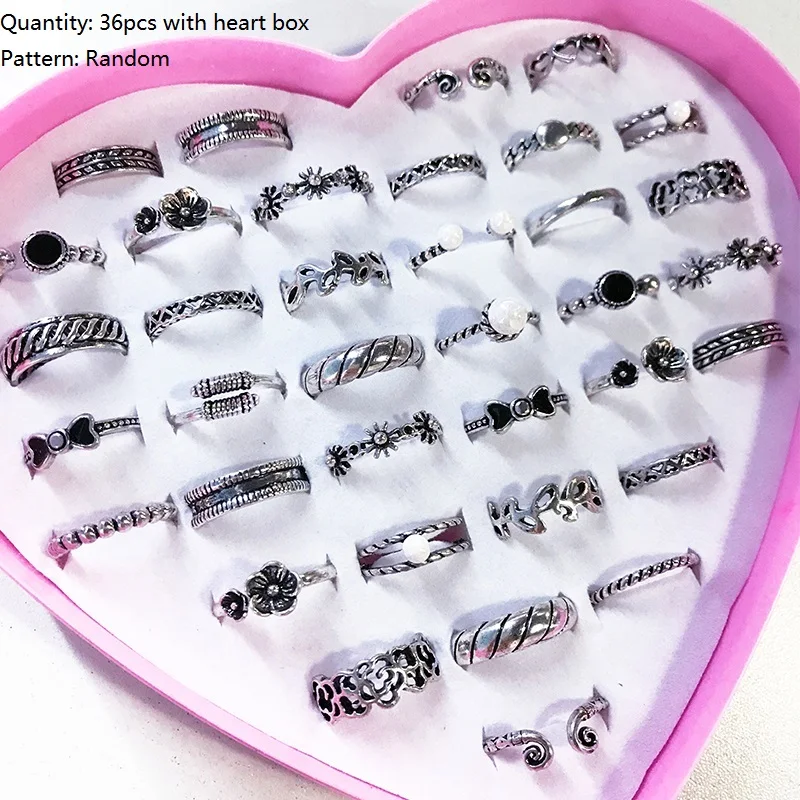 36pcs with heart box 36 шт Смешанные милые Мультяшные кольца винтажные перламутровые Кольца ручной работы Регулируемые сплавные кольца для девочек подарок на день рождения с коробкой - Цвет основного камня: 36pcs with heart box
