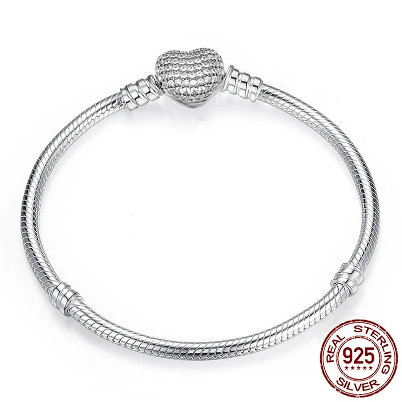 Big Sale Original 925 Sterling Silver Snake Chain Bracelet Bangle Secure Heart Clasp Beads Charm Bracelets for Women DIY Jewelry