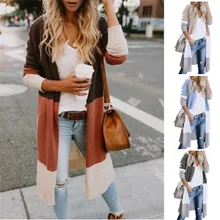 

Women Plus Size Long Sleeve Open Front Three-Color Stitching Cardigans Sweaters Casual Outwear 3XL-M