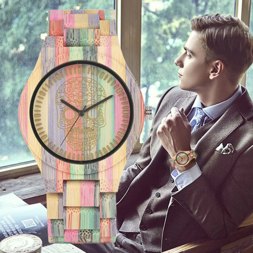 Quartz Wooden Watch Unique Skeleton Pattern Dial Wooden Watches Colorful Bamboo Wood Band Women Bangle Watch Men's Wrist Watches