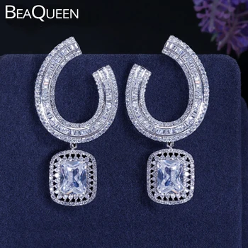 

BeaQueen Brand New Geometric Big Clear Square Drop Cubic Zirconia Long Hanging Earrings Wedding Party Jewelry for Women E113
