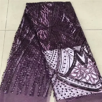 

2019 Latest African Net Lace Fabric High Quatily French Lace Fabric Tulle With Sequins Purple Nigerian Lace Fabric For Wedding