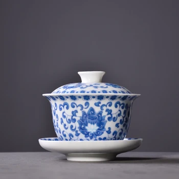 

LUWU blue-and-white ceramic gaiwan porcelain teacup chinese kung fu tea sets drinkware 320ml