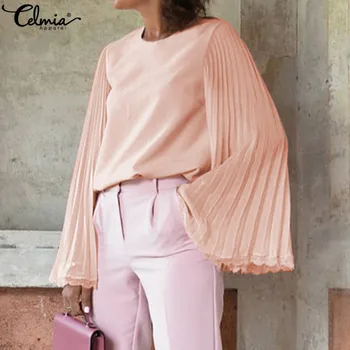 

S-5XL Celmia Women Fashion Lace Blouse Long Flare Sleeve Casual Chiffon Shirt Lady Elegant Pleated Office Blusas Plus Size Top 7