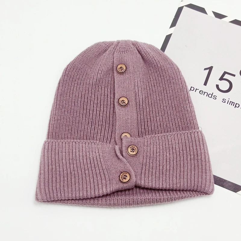 Purple H3585 женская шапка бини Женская Осенняя зимняя Корейская Повседневная пуговица Студенческая японская теплая вязаная шапка для девушек мужские модные простые головные уборы - Цвет: Purple