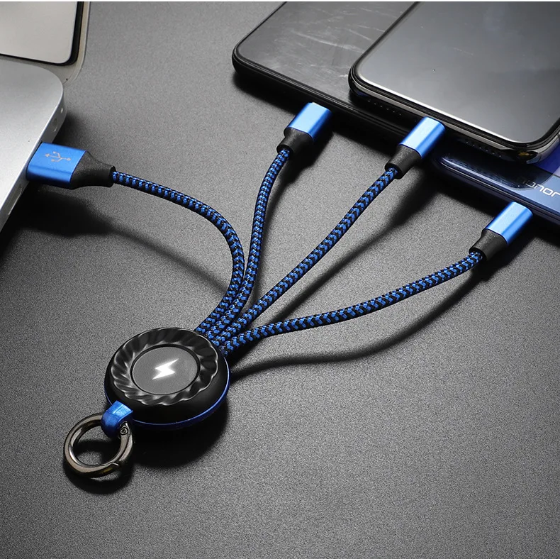 KISSCASE, 3 в 1, брелок, нейлоновый USB кабель, Micro usb type C, кабели для зарядки, для iPhone, samsung, дата, шнур, USB, кабели для телефонов - Цвет: Blue