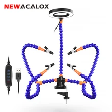 Newacalox clipe de mesa pcb suporte de solda 3x lupa com luz led soldagem ajudando mão braço flexível solda terceira mão ferramenta
