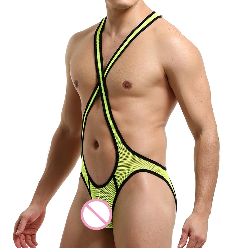 Sexy Mesh Men Undershirts Bodysuits Jockstrap Lingerie Transparent Jumpsuit Wrestling Singlet Underwear Erotic Open Butt Catsuit