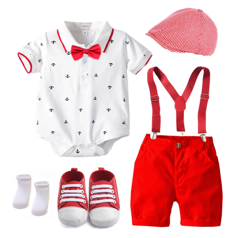 Cotton Boys Summer Newborn Clothes Set Birthday Dress White Infant Outfit Hat + Rompers + Bib Shorts Shoes Socks 6 PCS 0-18M