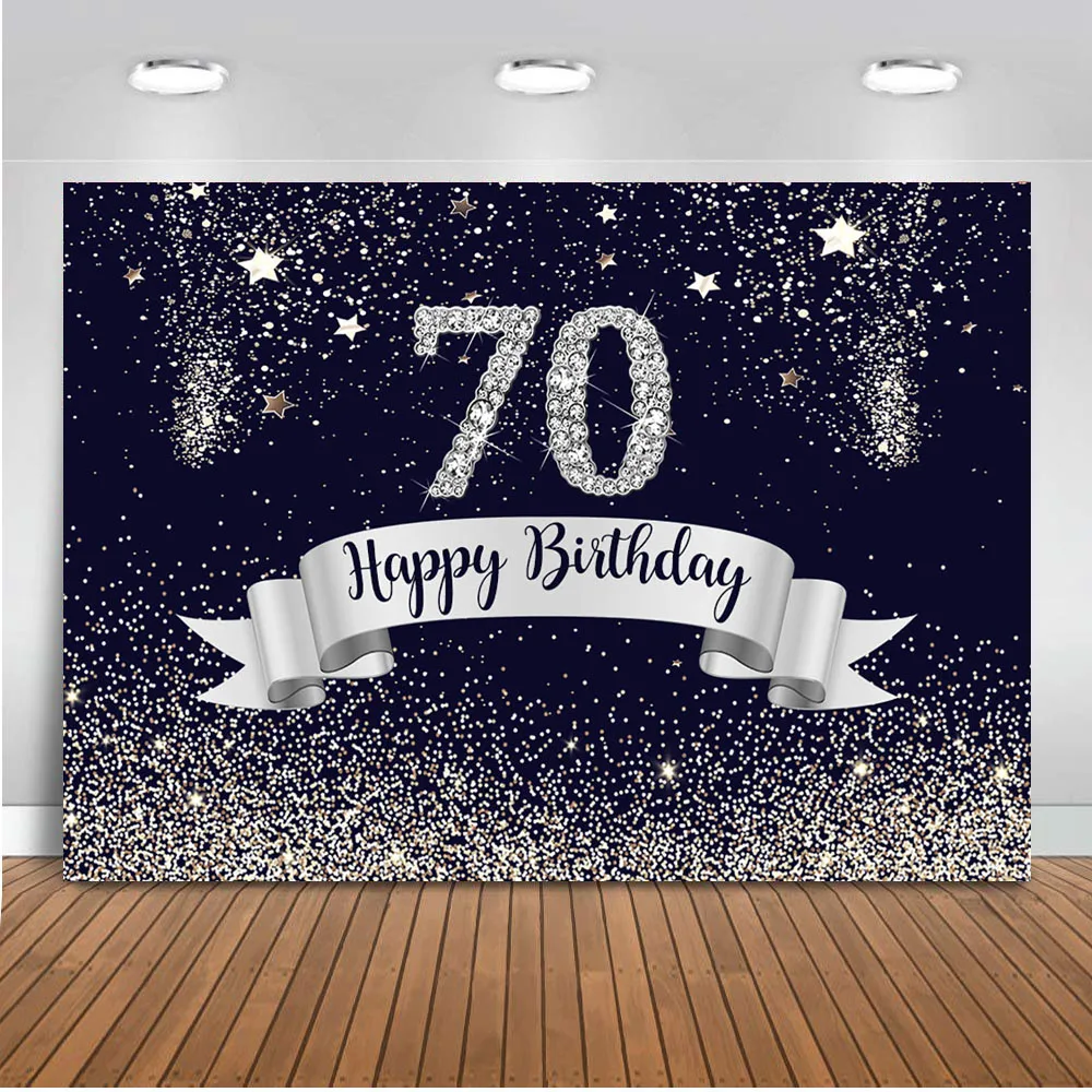 Темно синий 70th день рождения Вечерние Декорации Серебряный Блестящий Фон для