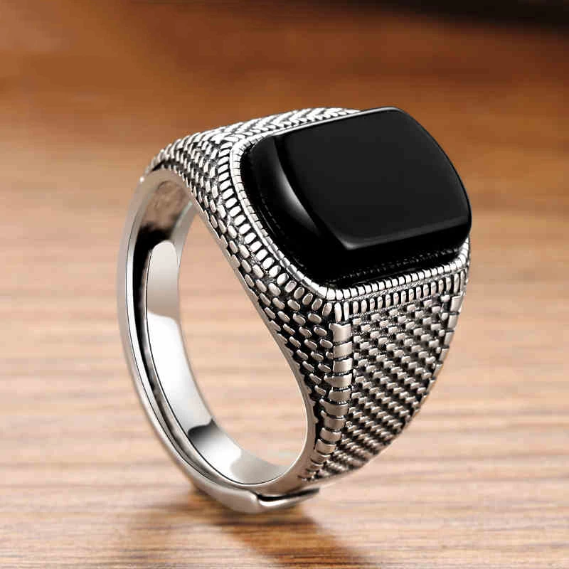 V. YA, настоящее 925 пробы, Серебряное Открытое кольцо, черный камень, кольцо для мужчин, винтажное, свадебное, женское, мужское, s кольца, черная бижутерия из оникса