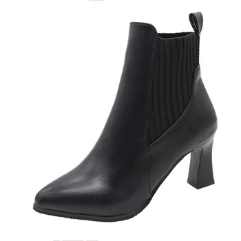 

2020 New Fashion Winter British Style Ankle High Heels Solid Color Booties Female Pointed Sexy Wild Leather Boots Shoes Women