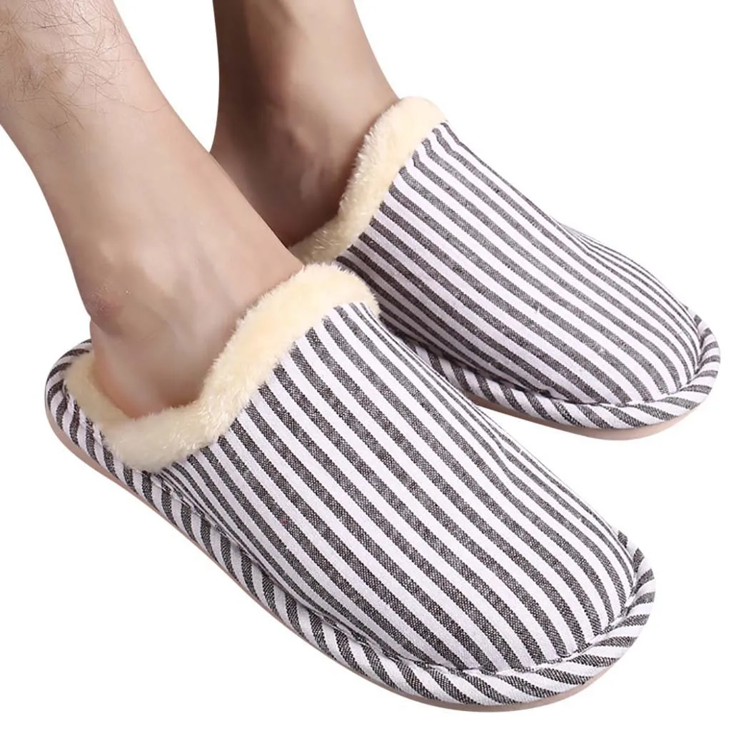 New Simple Slippers Men Women Hotel Travel Men Couples Striped Flock Warm Non-slip Floor Home Slippers Indoor Shoes Indoor