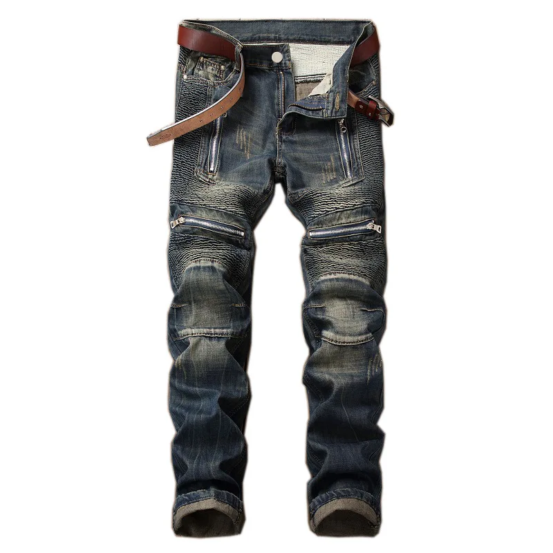 Pantalones vaqueros apilados de pierna recta para hombre, Jeans Punk Vintage de motorista con bolsillo y cremallera, de tela de retales a la moda