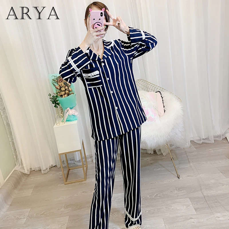 

2019 Autumn Women's Pajamas Sets With Striped Fashion Luxury Female Cotton Two Pieces Shirts + Pants Nighties Sleepwear