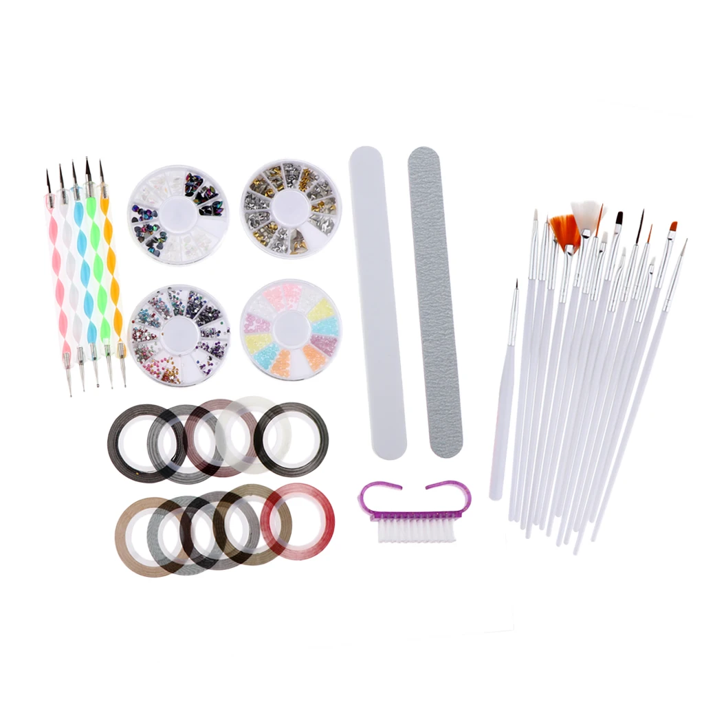 37pcs Manicure Tools Set, 15x Nail Art Liner Brush Pen+5x Dotting Pen+4x Wheel Nail Art Rhinestones+10x Nail Striping Tape