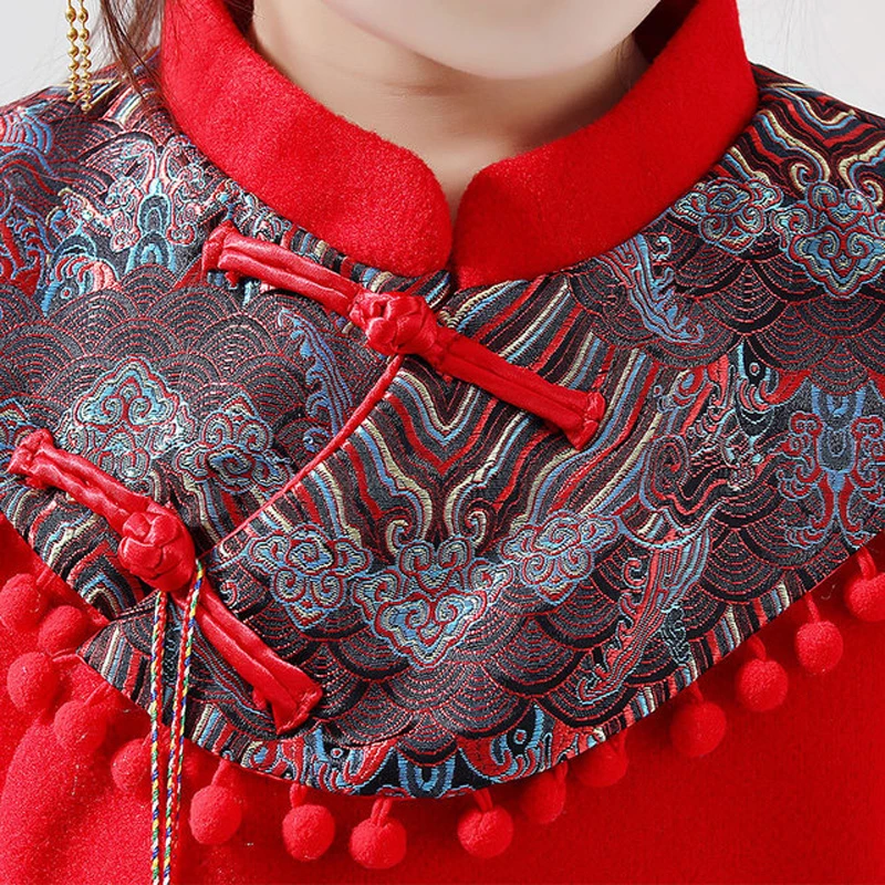 Hanfu/стеганое платье для девочек; зимнее теплое детское шерстяное платье; детское красное рождественское платье; одежда принцессы на год