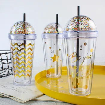 

Creative Flash Gold Straw Double-layer Cups Creative Transparent Plastic Water Bottle 420ml Large Capacity Coffee Milk Cup Gifts