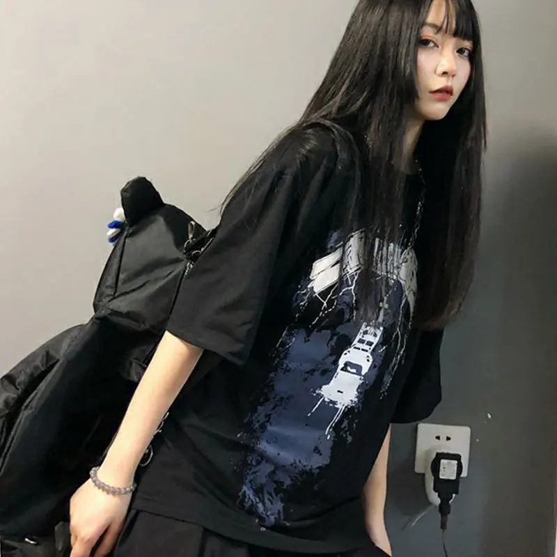 InsGoth Harajuku свободная футболка женская Эстетическая гранж черная футболка готический панк печатных футболки с ведьмами уличная хип хоп Женский Топ