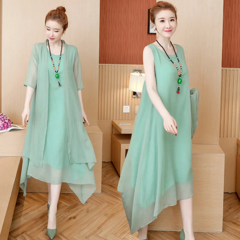 

2019 Spring New Style Retro National Wind Dress Women's Loose-Fit Slimming Large Size Long Skirts Solid Color Two-Piece Set
