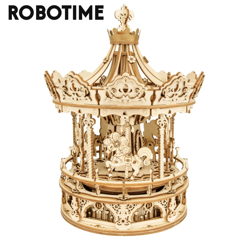 Robotime 336pcs Rotatable DIY 3D Romantic Carousel Wooden Puzzle Game Assembly Music