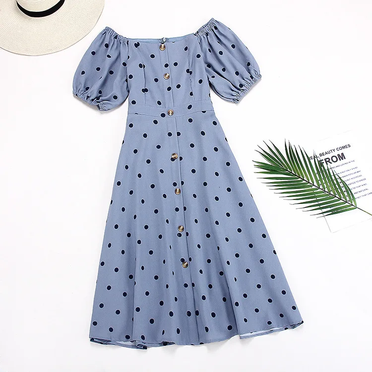 

New Summer Dot Printed Sweet Women Dress Slash Neck Puff Sleeve Button Casual Dress A-line Ladies Maxi Dress 2019 Ropa De Mujer