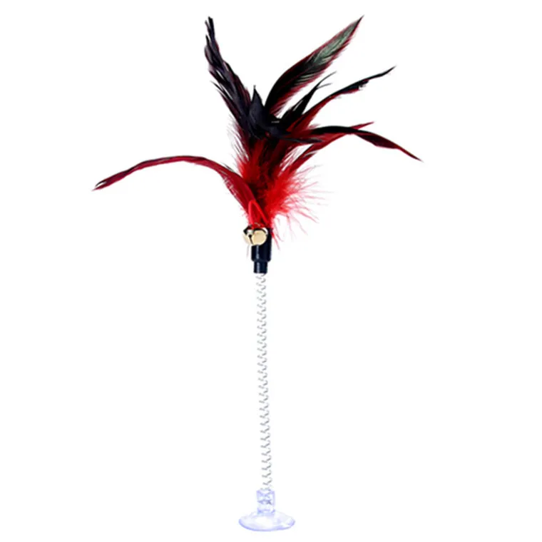 Chicken feather Забавные игрушки для кошек, металлическая проволока, пружинные перья, цветные с колокольчиком, удочки для котов, игрушки, устойчивая подставка на присоске, пружинные палочки, интерактивные игрушки для питомцев - Цвет: Chicken feather