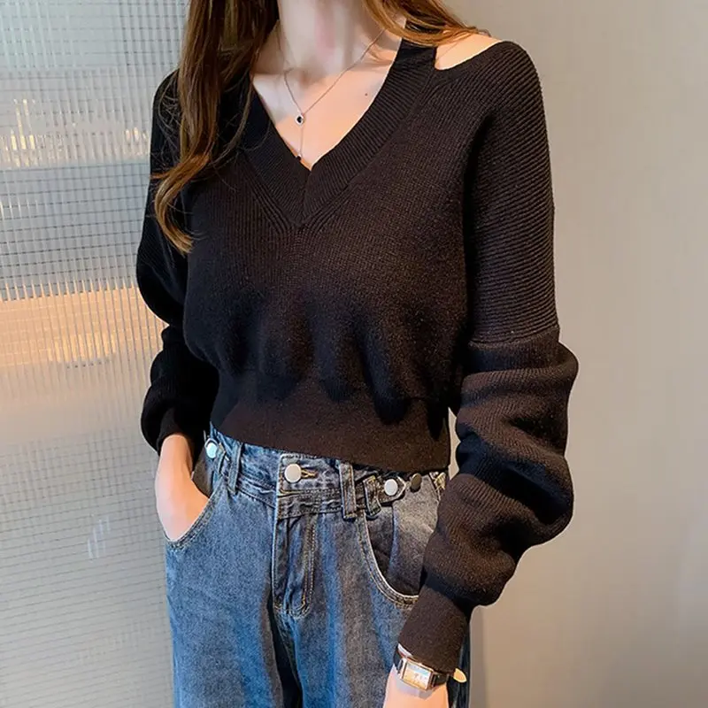

Women Pullovers Sweater 2019 Knitting Autumn Winter V-Neck Hollow Out Korean Elegant Casual Office Ladies Tops Black/White