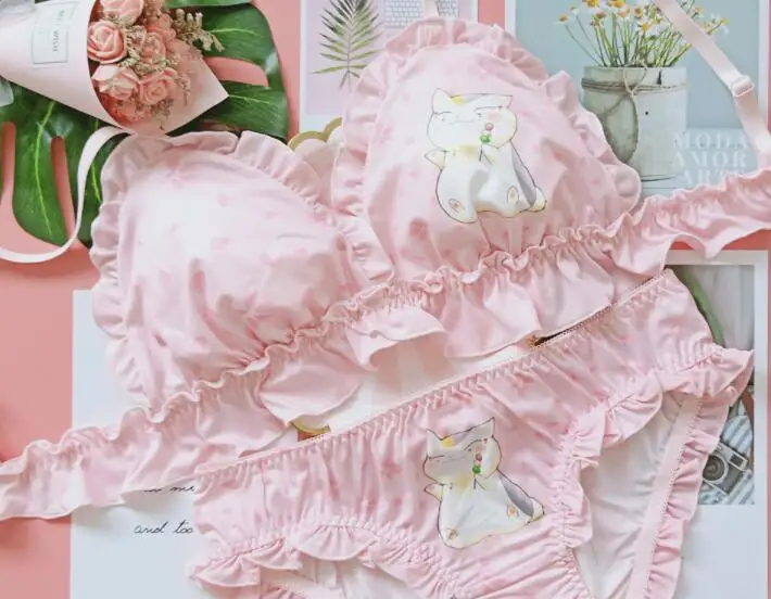 

Cute Cat Japanese Milk Silk Bra & Panties Set Underwear Sleep Intimates Set Kawaii Lolita Pink Bra and Panty Set Sexy Lingerie