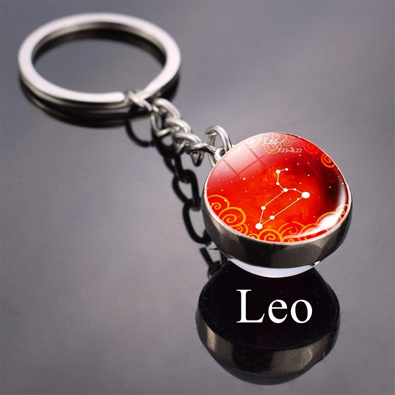 Leo Брелок для ключей «Созвездие» знаков зодиака изображение Стекло мяч брелки Двусторонняя Стекло брелок с кабошоном подарки на день рождения, Прямая поставка - Цвет: Leo