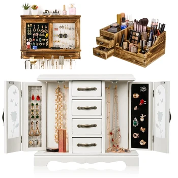 

Jewelry Box Organizer Wooden Makeup Cosmetic Drawer Container Storage Case Casket Earring Rings Necklace Jewellery Boxes