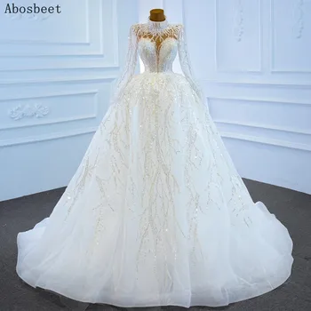 شراءساطع عالية طوق الكرة ثوب الزفاف كم طويل يتوهم الخرز أنيقة أبيض/عاجي ثوب زفاف الزفاف قطار طويل
