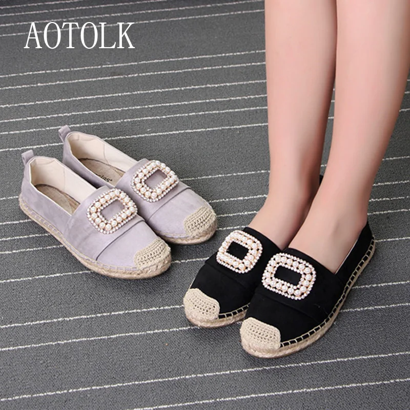 

Women Flats Fishman Shoes Female Loafers Pearl Diamond Sneakers Straw Casual Flats Round Toe Autumn New Arrivals