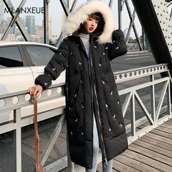 Длинное зимнее пуховое пальто с меховым капюшоном и вышивкой для женщин, однотонная теплая утепленная куртка большого размера, женская