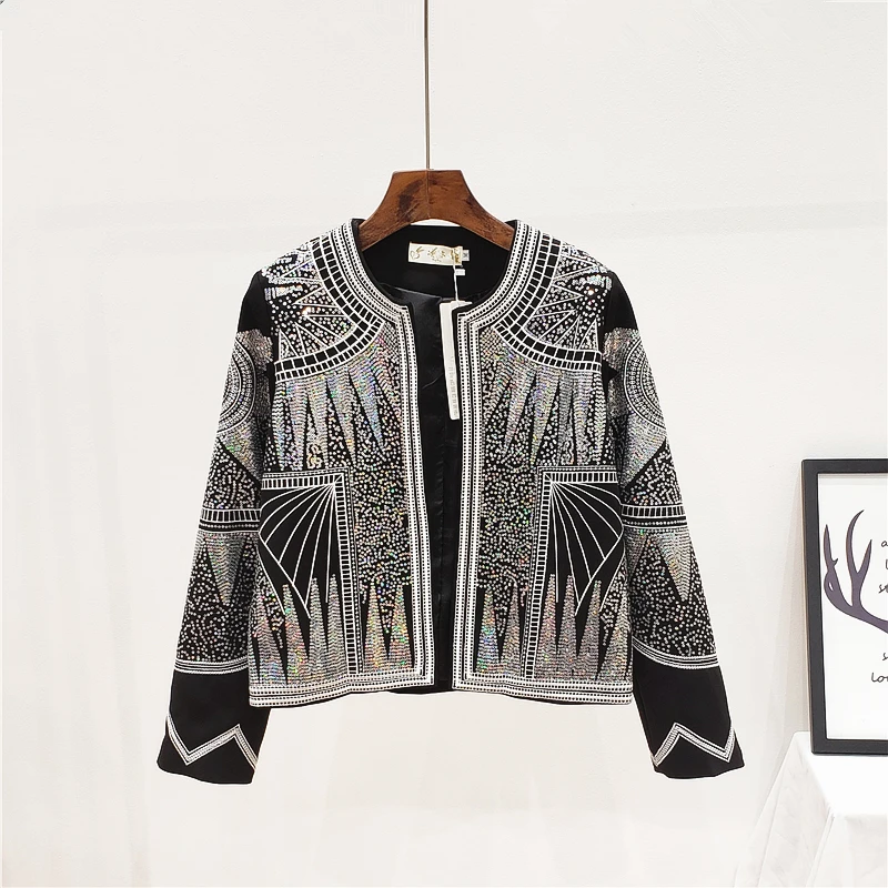 2021 Spring Autumn High Quality Sequins Jacket Women Short Long Sleeve Chic Fashion Coat Bling Embroidery Outerwear Streetwear | Женская