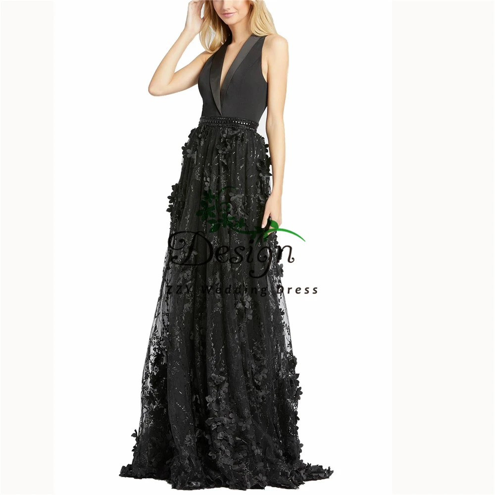 Vestidos De Fiesta De Noche глубокий v-образный вырез черный атласный и тюлевый ручной работы Цветы Аппликации Полная длина на заказ Выпускные платья