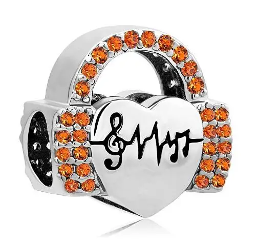 Fit Pandora Браслеты с подвесками синий фиолетовый музыкальные ноты наушники музыка Шарм шарик DIY Женская мода ювелирные изделия - Цвет: Оранжевый