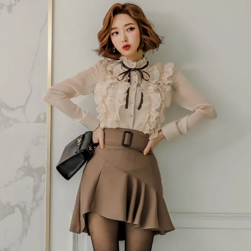 Photo Color Комплект из 2 предметов, женская сексуальная одежда, новинка, корейский стиль, вечерние топы с длинным рукавом и блузки, мини-юбка с оборками, короткая юбка, комплект из двух предметов - Цвет: Photo Color