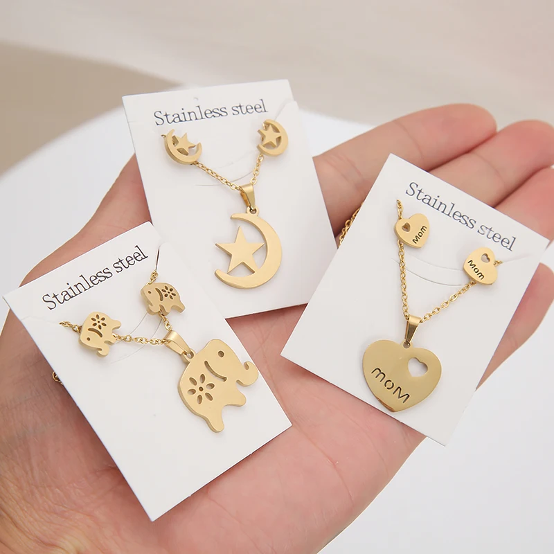 Jewelry Set Animal Flower Butterfly Stainless Steel Pendant Necklace Gold Color Chain Earrings For Women Gifts