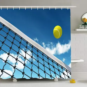 

Shower Curtain Set with Hooks 60x72 Tennis Ball Over Net Flying Detail Sky Cloud Sports Midair Motion Recreation Textures