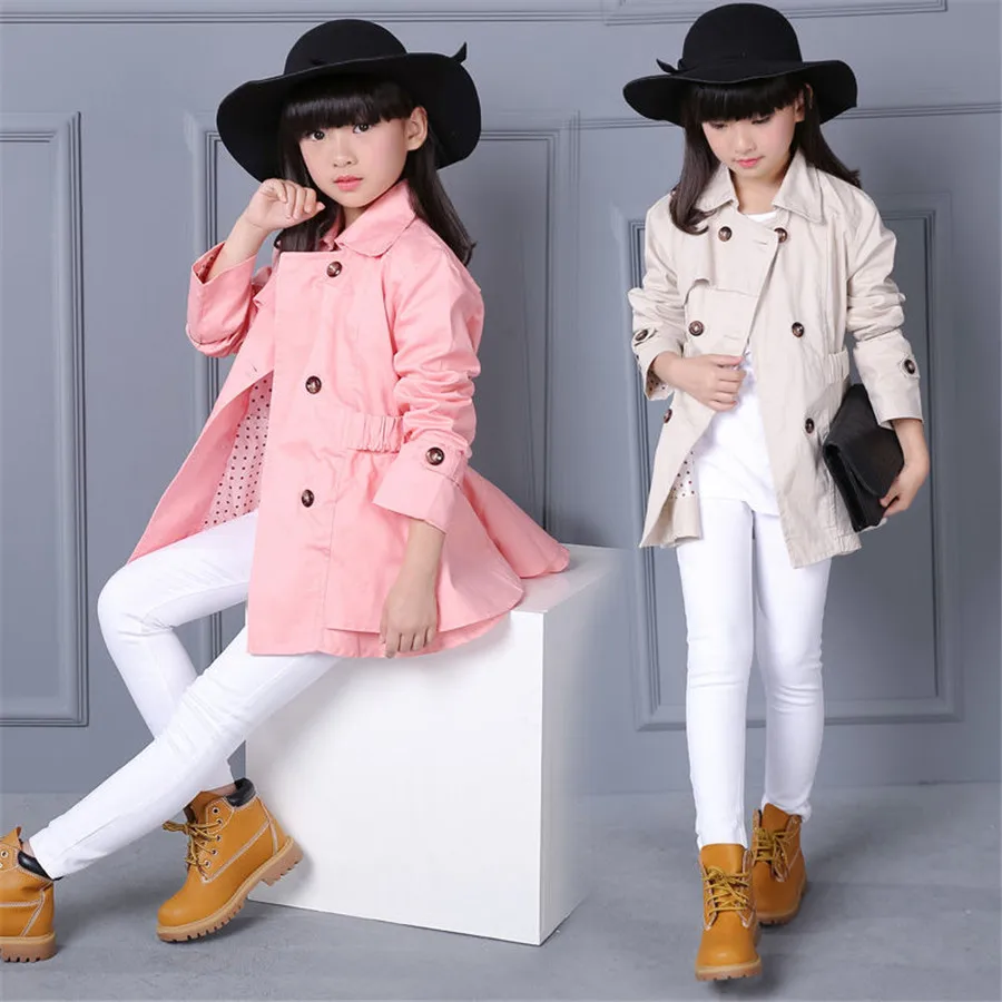 

Tench Coat Boy Girl Clothes Windproof Jacket British Double Breasted Windbreaker Turn-down Collar Button Belt Kids Outwear 2023