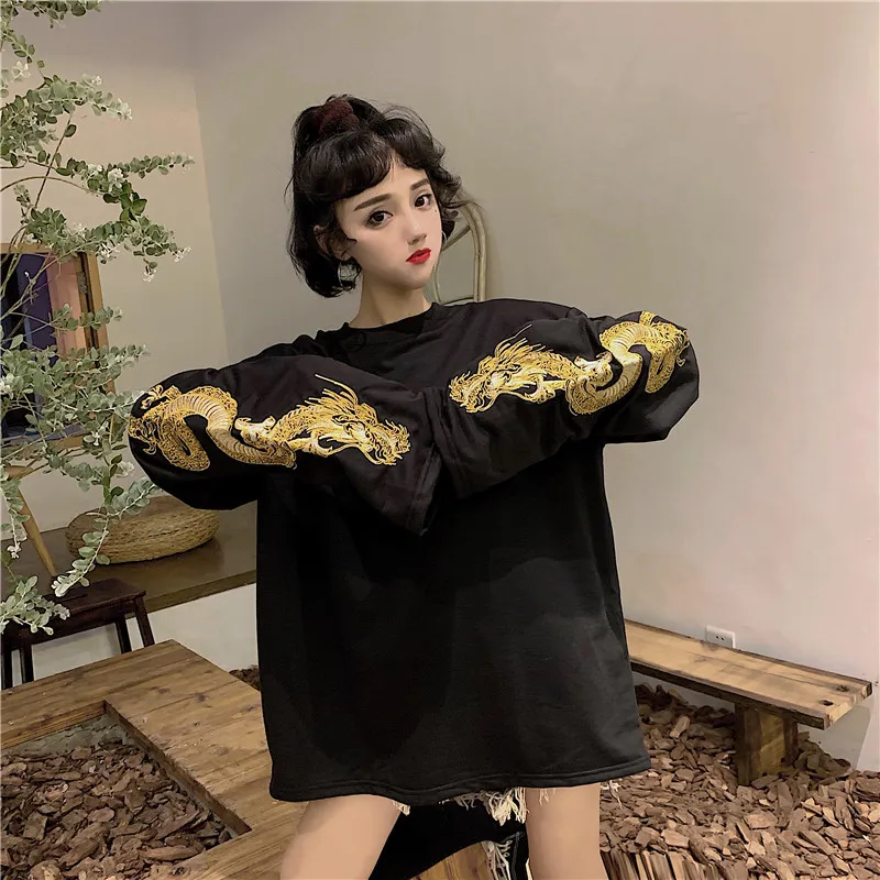Осень Женская Повседневная Свободная Толстовка Топы дракон вышивка Толстовка с круглым вырезом с длинным рукавом женская одежда пуловер