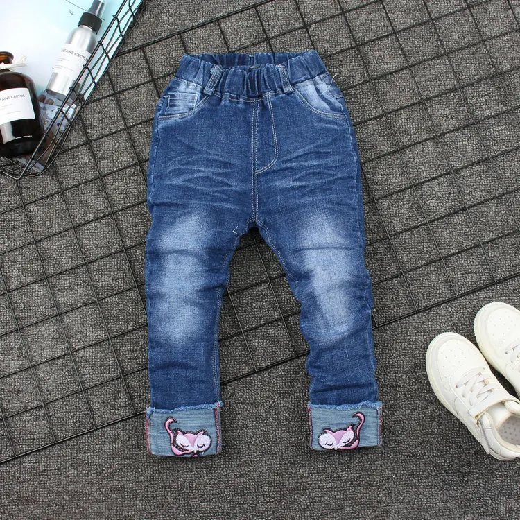 

Women's Korean-style Fashion Child Ultra-stretch Small CHILDREN'S Cowboy Trousers 2019 Spring Fox Embroidery Children Cowboy Pan